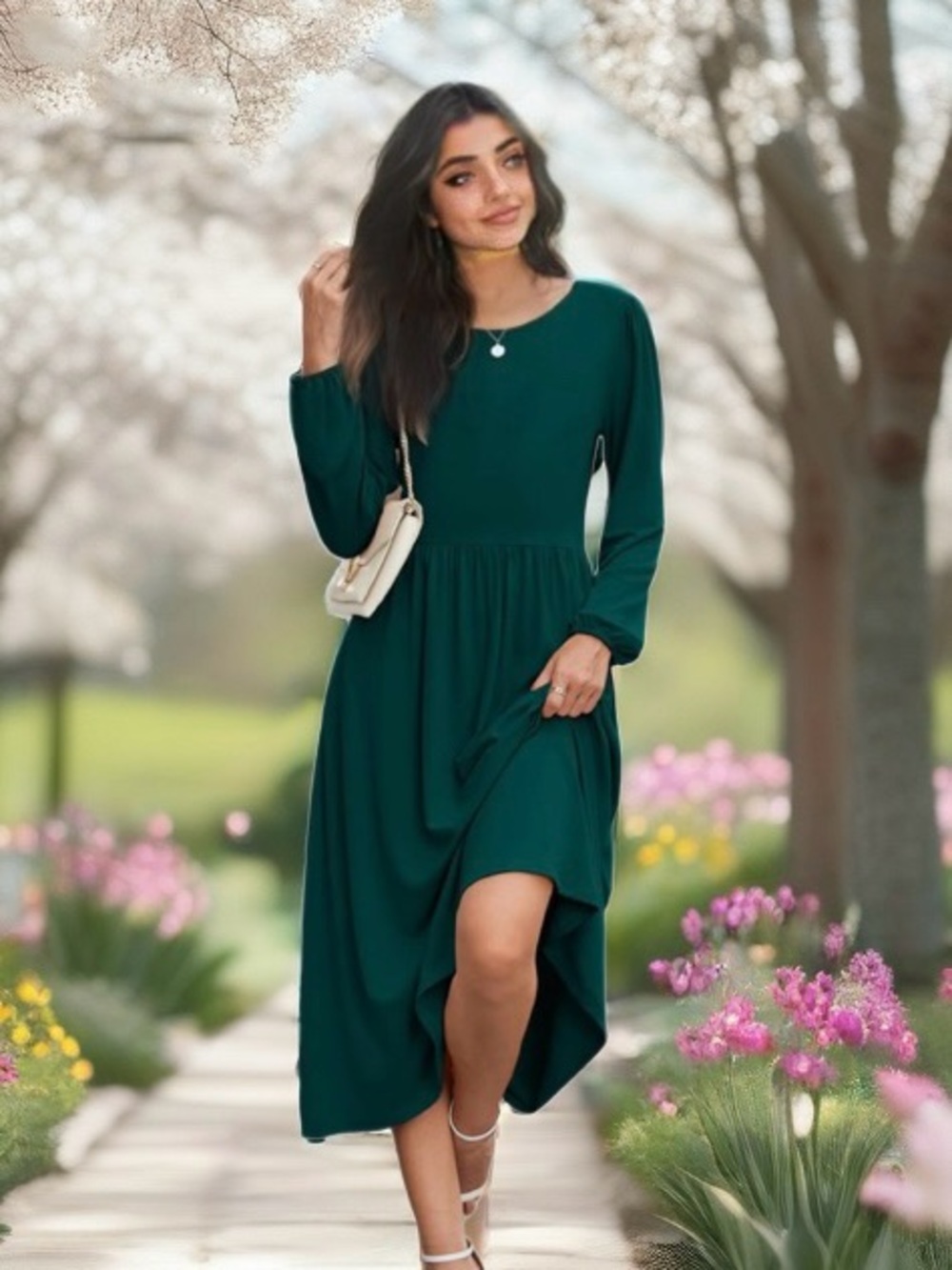 Women's High-Low Long Sleeve Dress in Deep Green